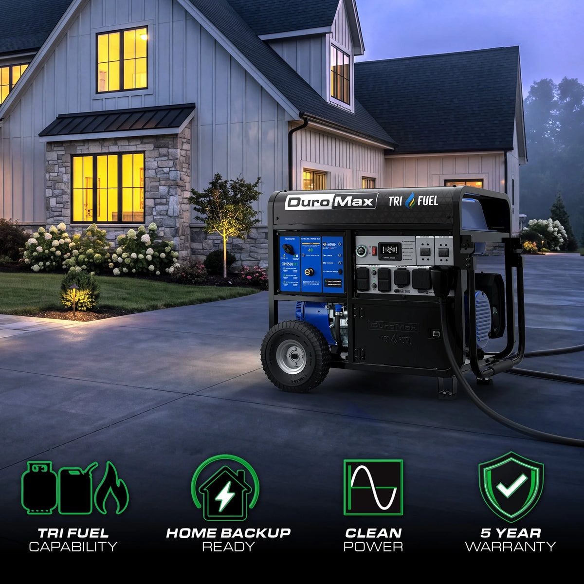 DuroMax 15,500 Watt Tri Fuel Portable  Generator w/ CO Alert
