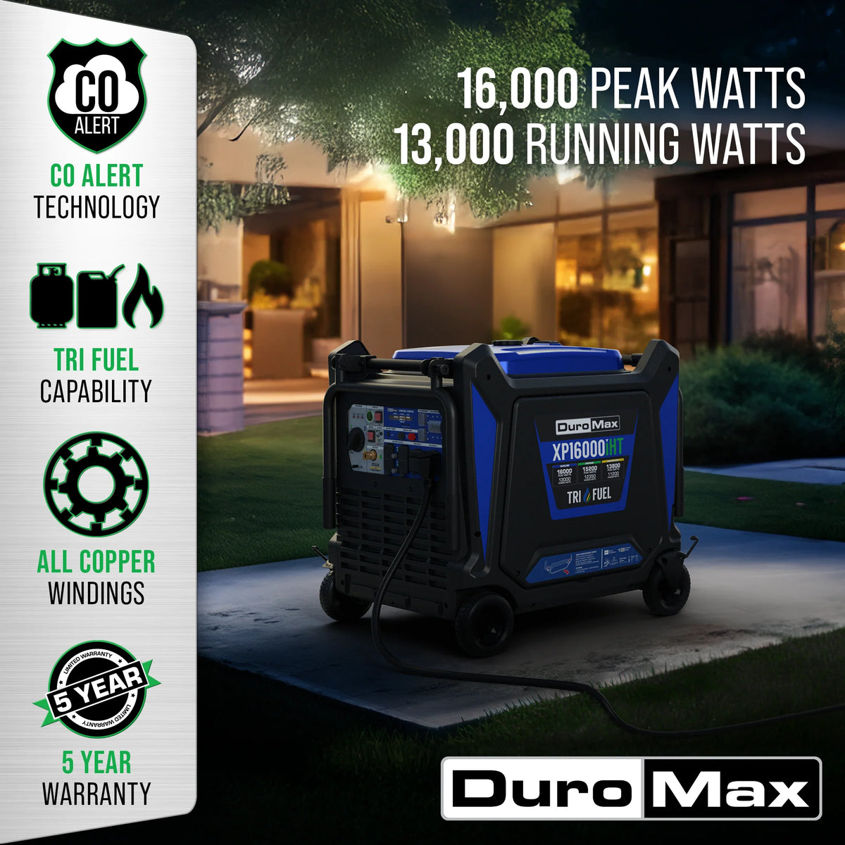 DuroMax 16,000 Watt V-Twin Tri Fuel Portable Digital Inverter Generator