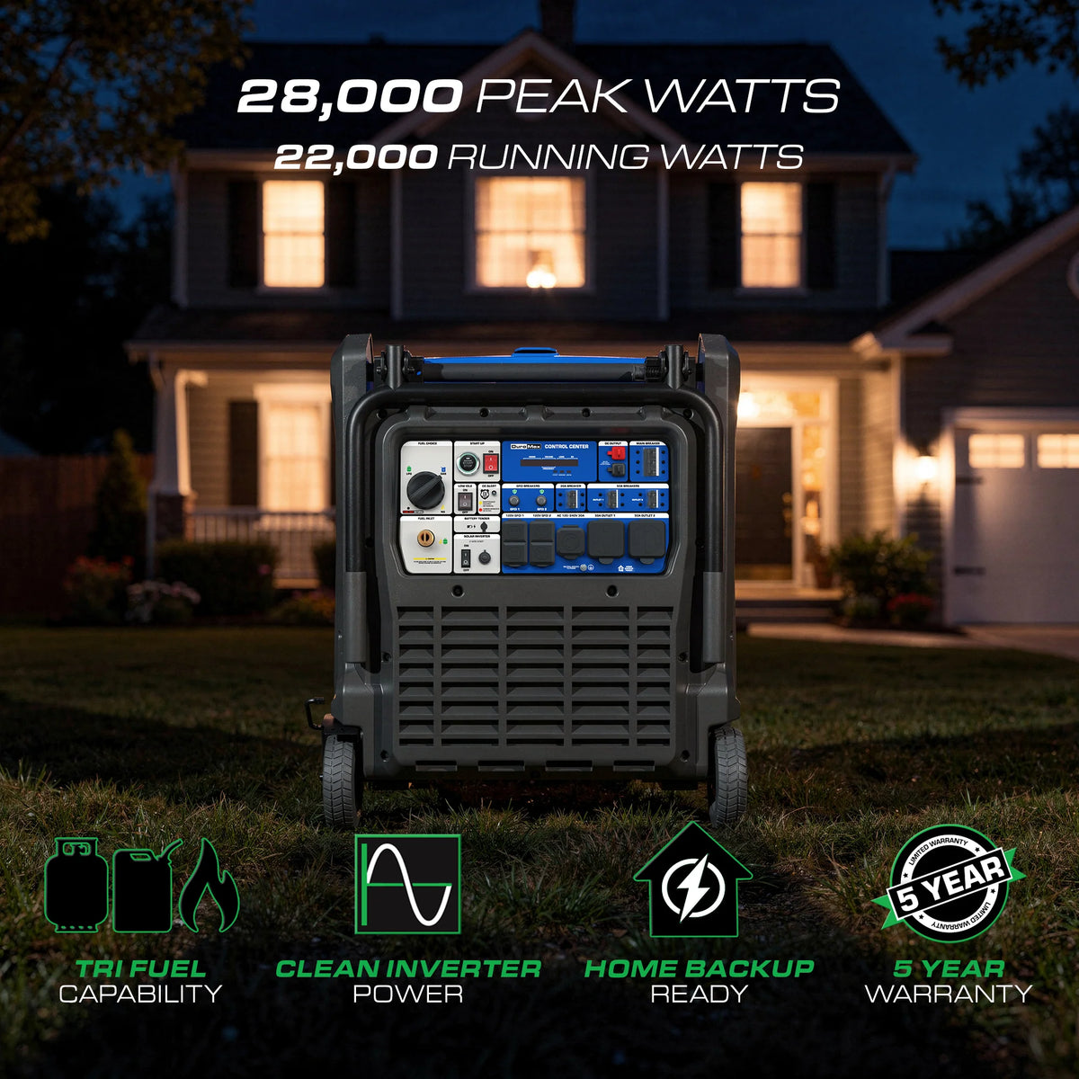 DuroMax 28,000 Watt V-Twin Tri Fuel Portable Digital Inverter Generator