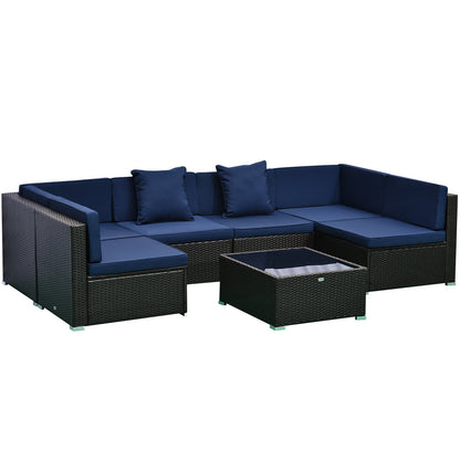 Outsunny 7-Piece PE Rattan Outdoor Sectional Sofa Set with Cushions, Coffee Table &amp; Pillows, Dark Blue - 860-020V01BU