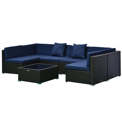 Outsunny 7-Piece PE Rattan Outdoor Sectional Sofa Set with Cushions, Coffee Table &amp; Pillows, Dark Blue - 860-020V01BU