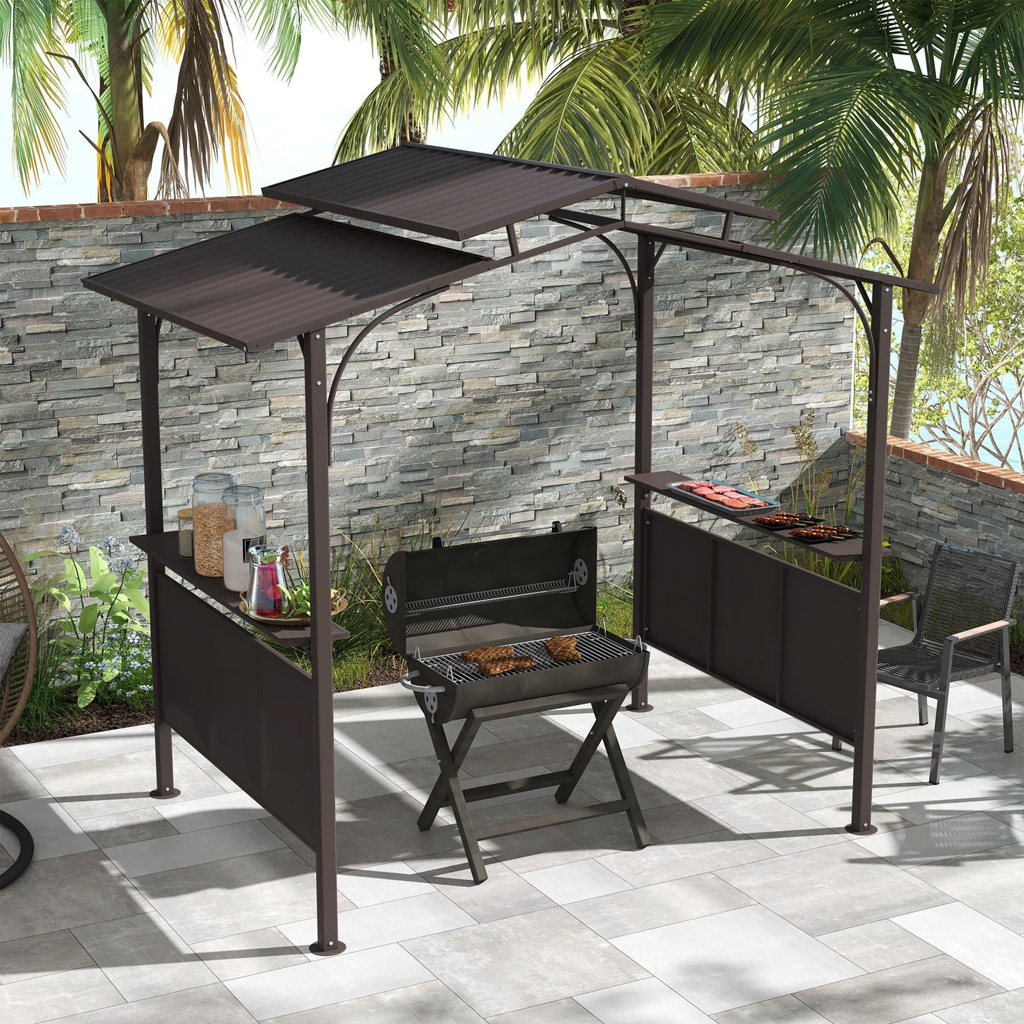 Outsunny 8' x 5' BBQ Grill Gazebo, Double Tiered Roof, Steel Frame, 2 Shelves, Brown - 84C-221V00BN
