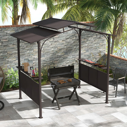 Outsunny 8' x 5' BBQ Grill Gazebo, Double Tiered Roof, Steel Frame, 2 Shelves, Brown - 84C-221V00BN