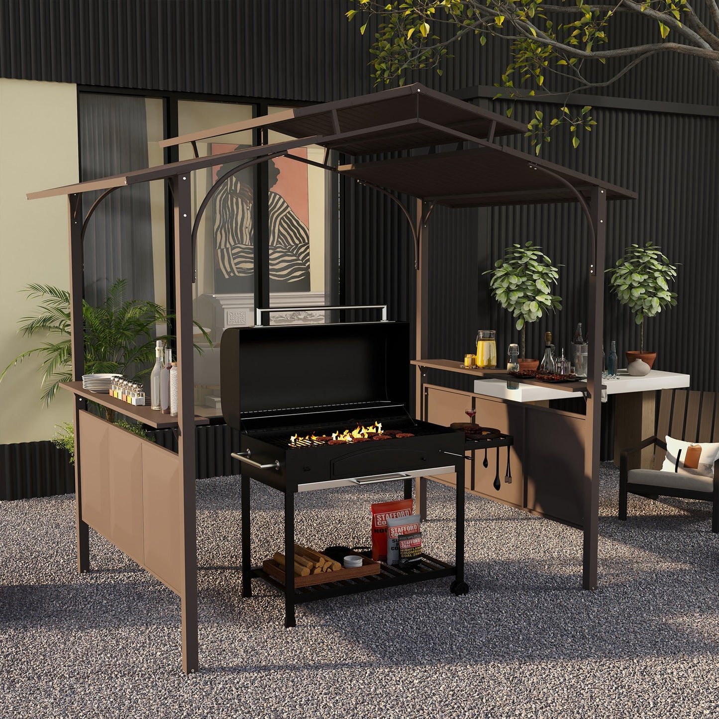 Outsunny 8' x 5' BBQ Grill Gazebo, Double Tiered Roof, Steel Frame, 2 Shelves, Brown - 84C-221V00BN