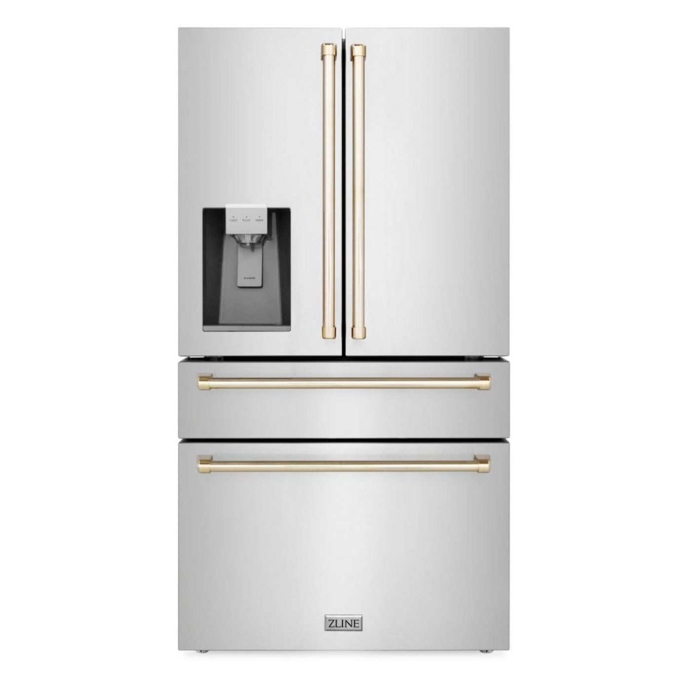 ZLINE 36 In. Autograph French Door Refrigerator with Water and Ice Dispenser in Fingerprint Resistant Stainless Steel with Gold Accents, RFMZ-W-36-G