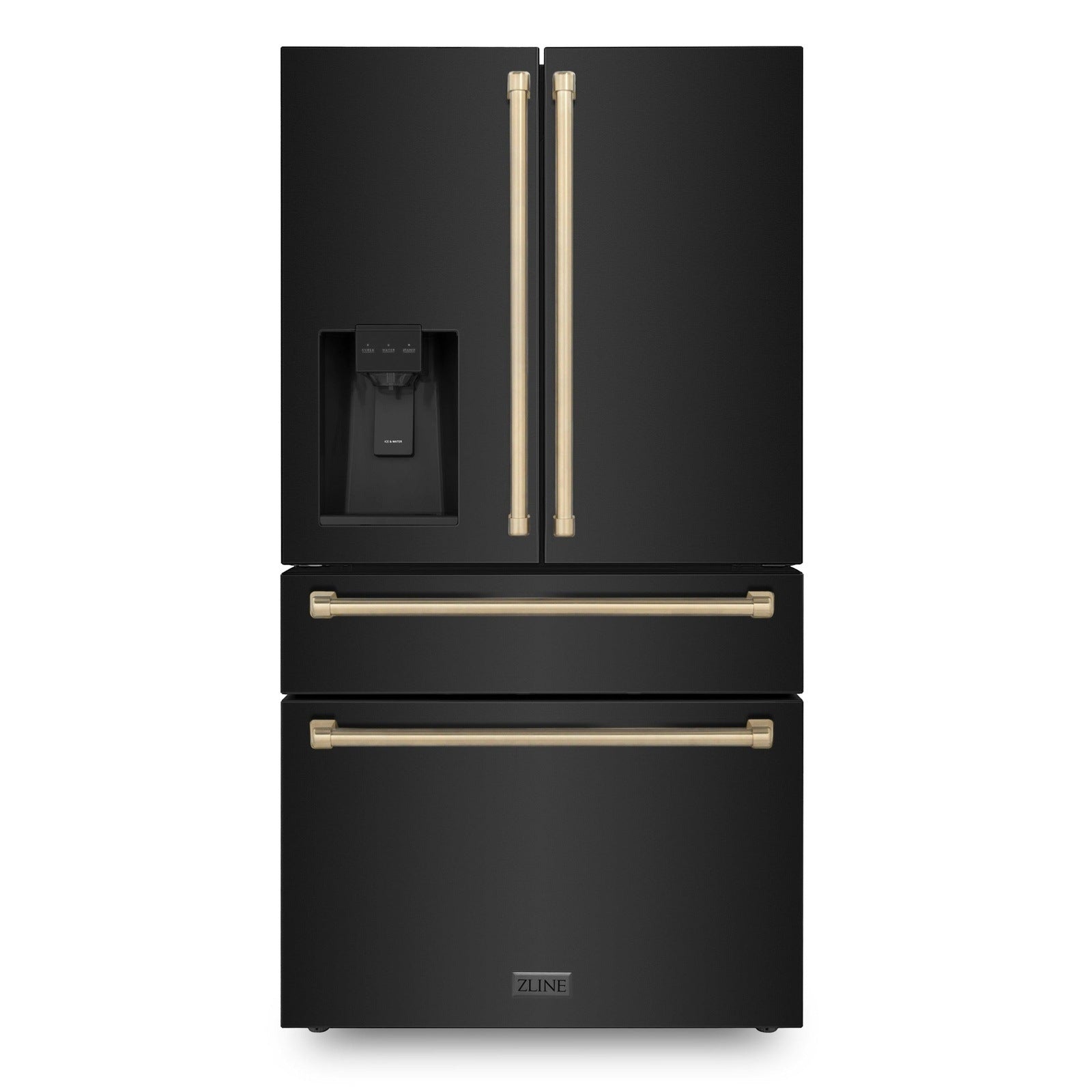 ZLINE 36 In. Autograph Refrigerator with Water and Ice Dispenser in Black with Champagne Bronze Handles, RFMZ-W-36-BS-CB