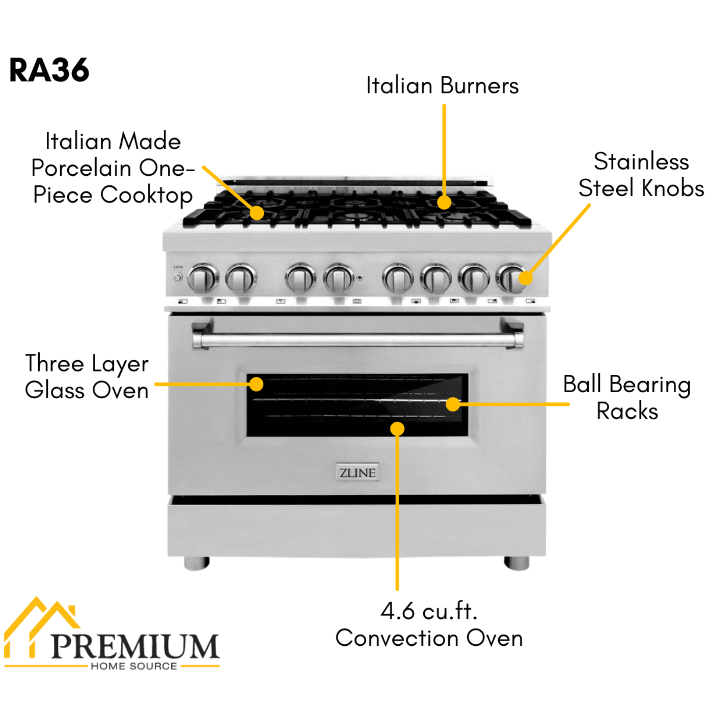 ZLINE Kitchen and Bath 36" Range, Range Hood, Microwave, Dishwasher & Refrigerator Appliance Package, 5KPR-RARH36-MWDWV