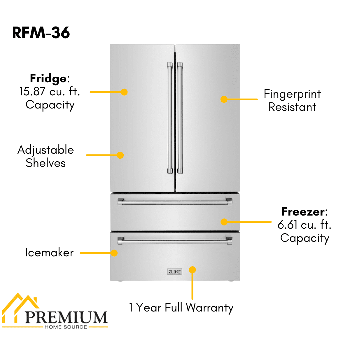 ZLINE Stainless Steel Refrigerator with Freestanding French Doors & Ice Maker - 36-Inch, 22.5 Cu. Ft., RFM-36