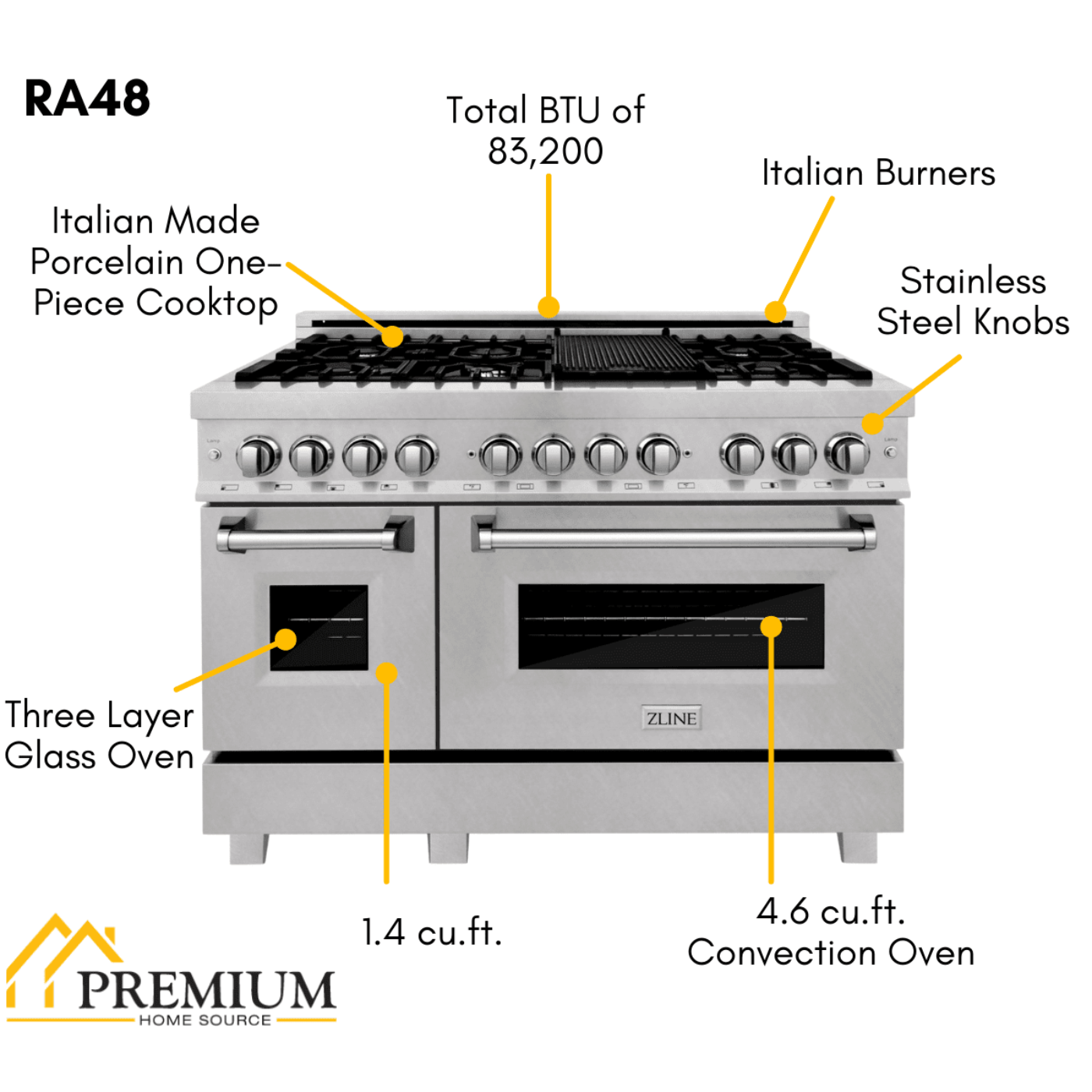 ZLINE 48 in. Professional Gas Burner and Electric Oven in Stainless Steel, RA48