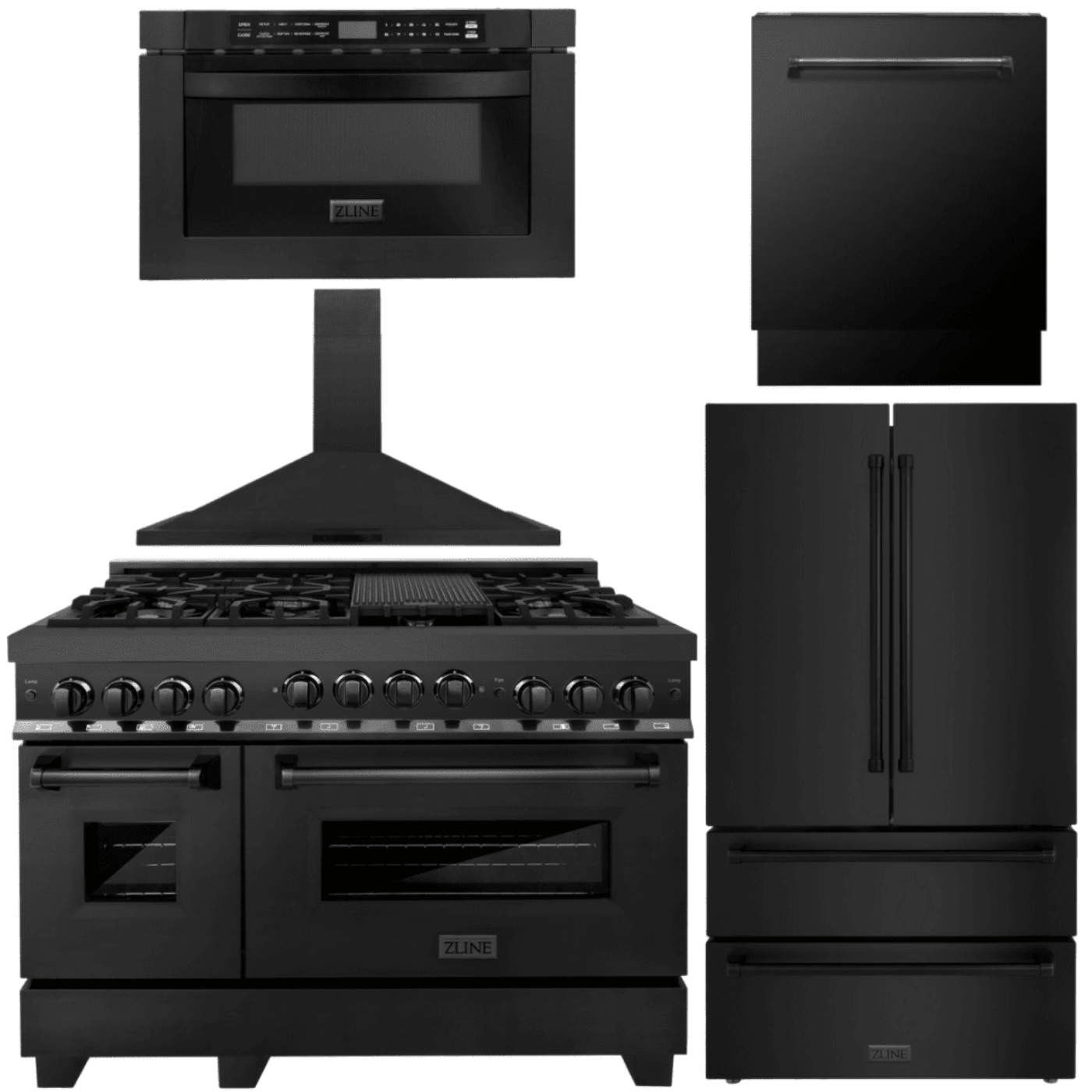 ZLINE 5-Piece Appliance Package - 48 In. Gas Range, Range Hood, Refrigerator, Microwave and Dishwasher in Black Stainless Steel, 5KPR-RGBRH48-MWDWV