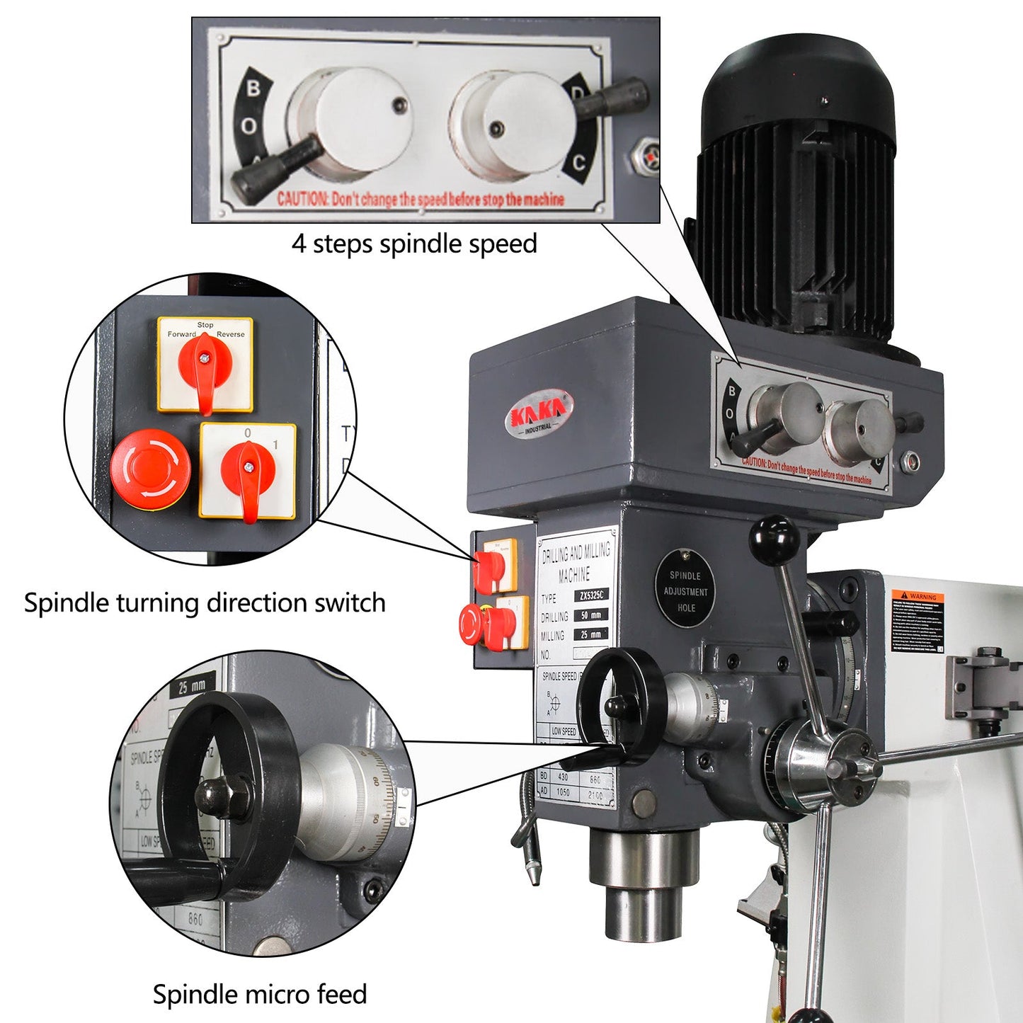 KAKA Industrial ZX-5325C Drilling and milling machine 230V460V-60HZ-3PH Main Moto power 1.5KW Gear Head Auto Feed Table Drilling and milling machine with 3 Axis DRO - 183013V230V460