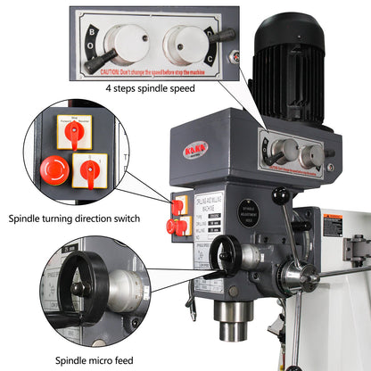 KAKA Industrial ZX-5325C Drilling and milling machine 230V460V-60HZ-3PH Main Moto power 1.5KW Gear Head Auto Feed Table Drilling and milling machine with 3 Axis DRO - 183013V230V460