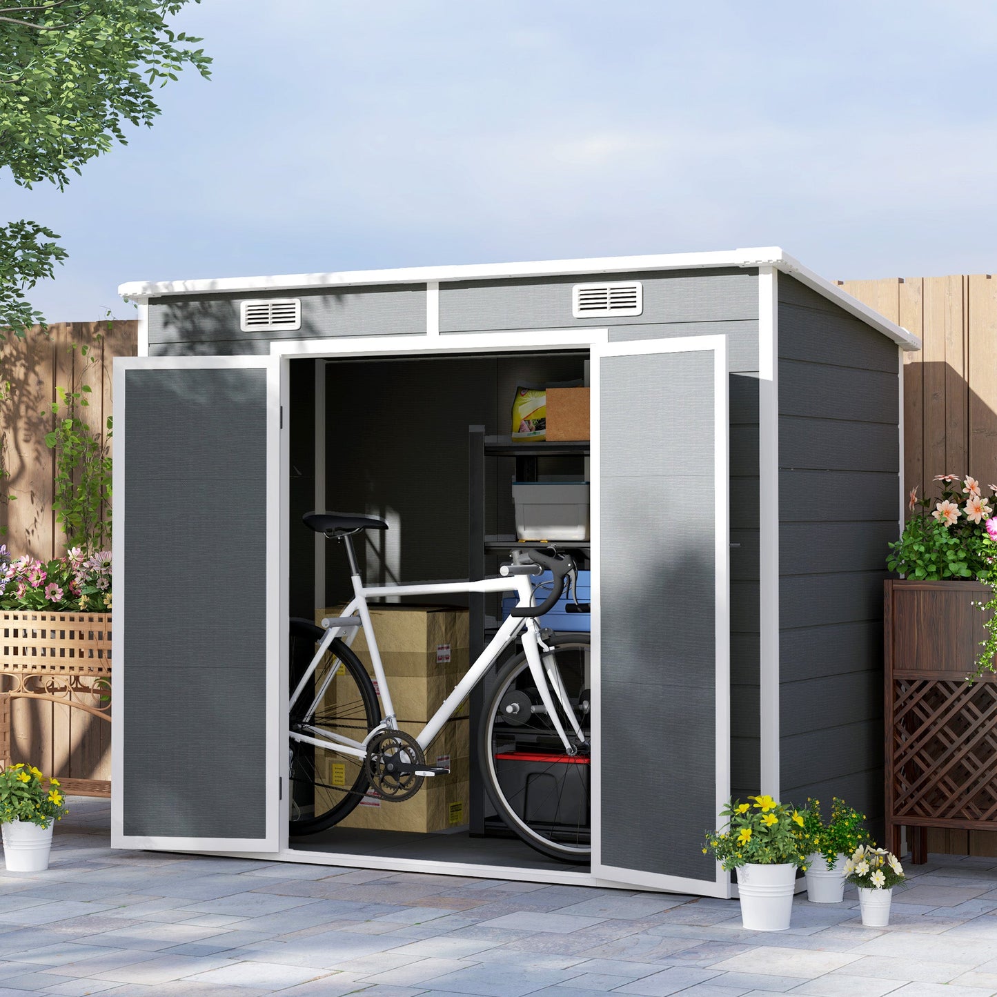 Outsunny EverBase 8' x 4' Outdoor Storage Shed with Window, Lockable Doors and Vents, Gray - 84H-156V00GY