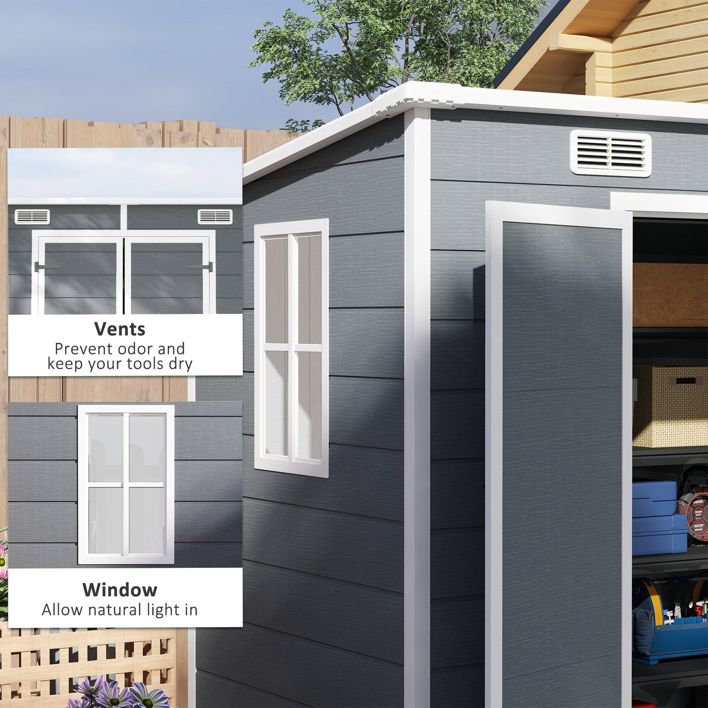 Outsunny EverBase 8' x 4' Outdoor Storage Shed with Window, Lockable Doors and Vents, Gray - 84H-156V00GY