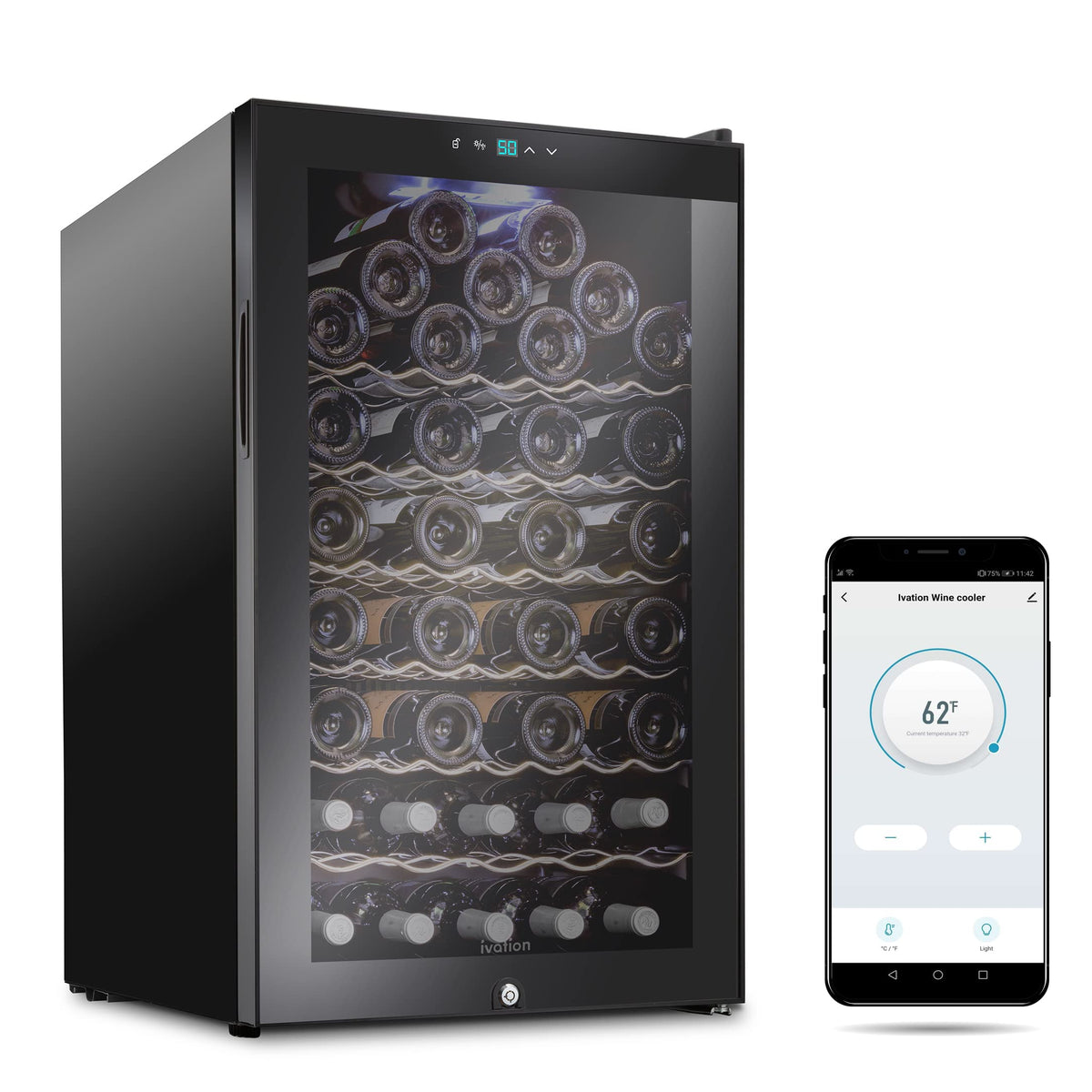 Ivation 51 Bottle Freestanding Wine Refrigerator, Wine Fridge with Wi-Fi Smart App Control, Black - IVFWCC511LBW