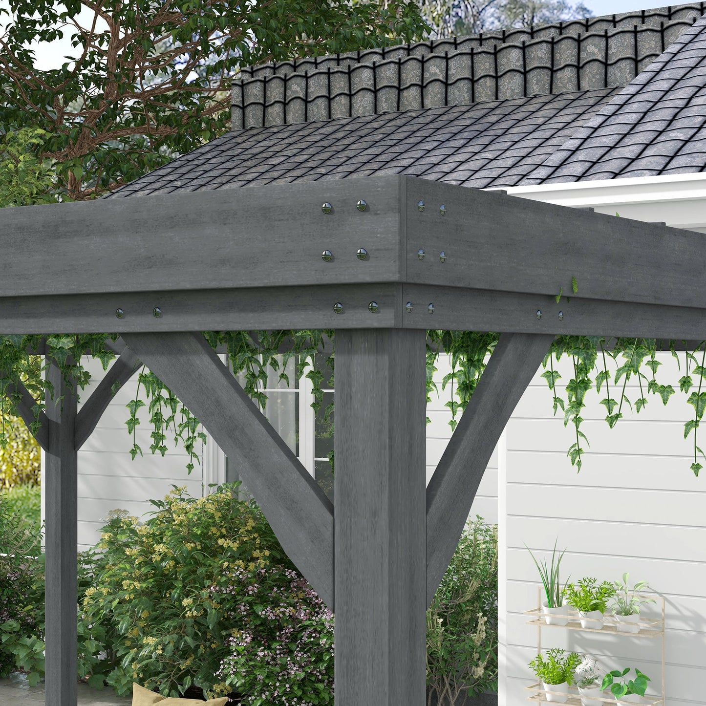 Outsunny 10' x 12' Wooden Pergola, Grape Vine Gazebo, Concrete Anchors, Garden, Patio, Backyard, Deck, Gray - 84C-416V00GY