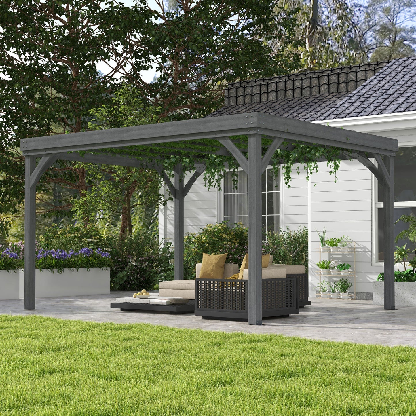 Outsunny 10' x 12' Wooden Pergola, Grape Vine Gazebo, Concrete Anchors, Garden, Patio, Backyard, Deck, Gray - 84C-416V00GY