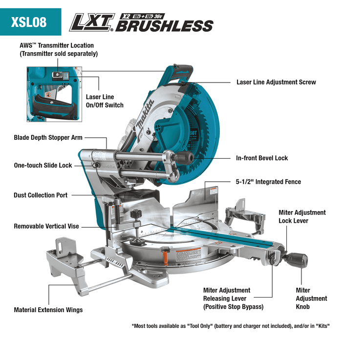 Makita 36V 18V X2 LXT Brushless 12" Dual‑Bevel Sliding Compound Miter Saw Kit, AWS Capable and Laser - XSL08PT