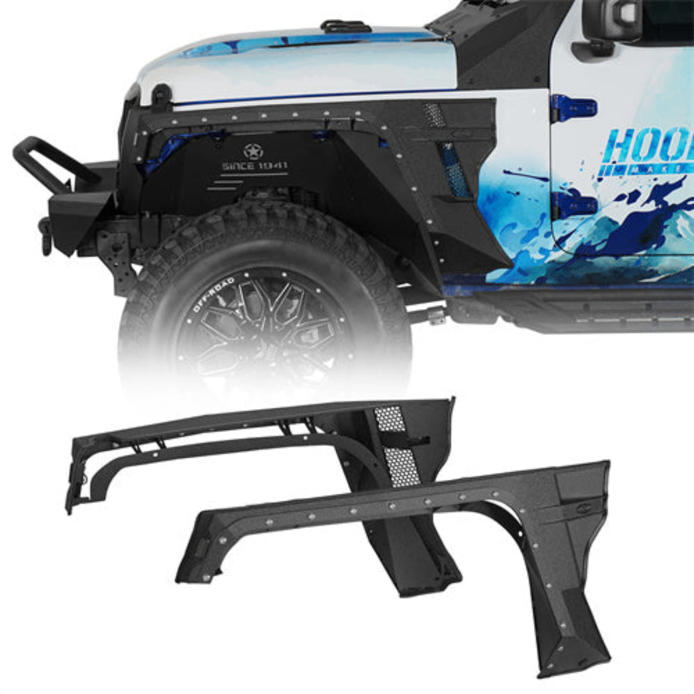 Hooke Road Armor Style Aftermarket Front Fender Flares w/ LED Turn Signal Lights For 2018-2025 Jeep Wrangler JL & Gladiator JT - HE.3054