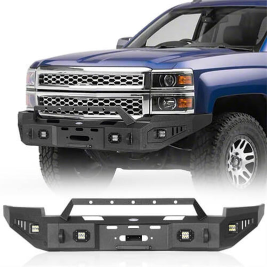 Hooke Road Aftermarket Full Width Front Bumper w/ Winch Plate & LED Lights ( 2014-2015 Chevy Silverado 1500) - HE.9028A+HE.9028B