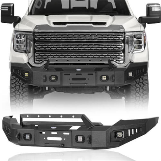 Hooke Road dftermarket Full-Width Front Bumper w/ Winch Plate & LED Spotlights For 2020-2023 GMC Sierra 2500HD/3500HD  - HE.9205A+HE.9205B