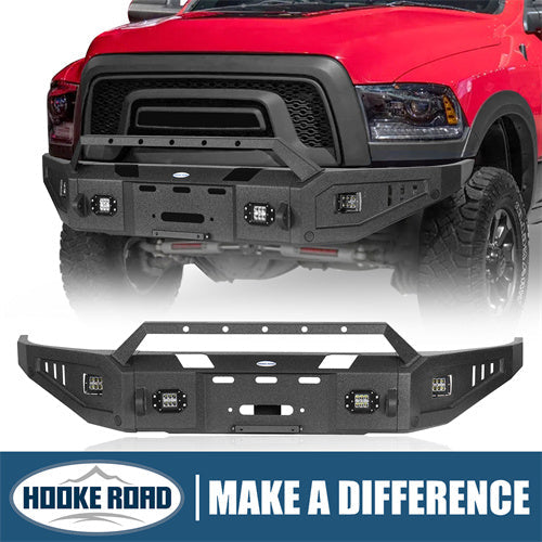 Aftermarket Full Width Front Bumper w/ Winch Plate & LED Spotlights For 2015-2018 Ram 1500 Rebel - HookeRoad