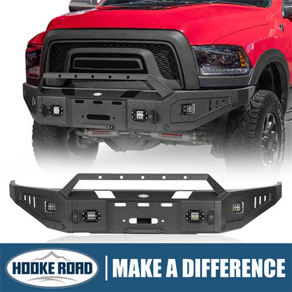Aftermarket Full Width Front Bumper w/ Winch Plate & LED Spotlights For 2015-2018 Ram 1500 Rebel - HookeRoad