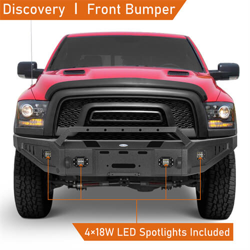 Aftermarket Full Width Front Bumper w/ Winch Plate & LED Spotlights For 2015-2018 Ram 1500 Rebel - HookeRoad