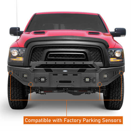 Aftermarket Full Width Front Bumper w/ Winch Plate & LED Spotlights For 2015-2018 Ram 1500 Rebel - HookeRoad