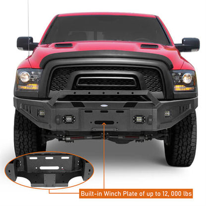 Aftermarket Full Width Front Bumper w/ Winch Plate & LED Spotlights For 2015-2018 Ram 1500 Rebel - HookeRoad