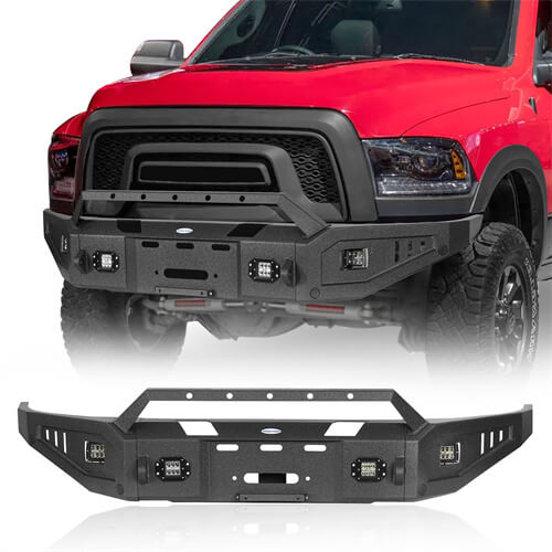 Aftermarket Full Width Front Bumper w/ Winch Plate & LED Spotlights For 2015-2018 Ram 1500 Rebel - HookeRoad