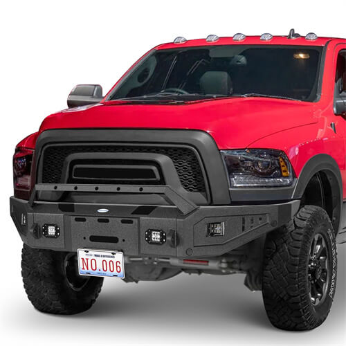 Aftermarket Full Width Front Bumper w/ Winch Plate & LED Spotlights For 2015-2018 Ram 1500 Rebel - HookeRoad