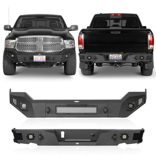 Hooke Road Full Width Front Bumper w/ LED Spotlights For 2013-2018 Dodge Ram 1500 (Excluding Rebel) - HE.6021-S+HE.6002-S