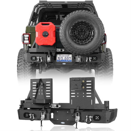 Aftermarket Rear Bumper w/ Dual Swing Arms & Tire Carrier & 5.3-Gallon Jerry Can Holder For 2020-2025 Jeep Gladiator JT Models with OEM Rear Bumper Frame Mounts  - Hooke Road - HE.7018-S