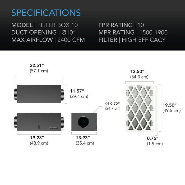 AC Infinity Air Filter Box | High Efficacy Air Filter | 10" AC-AFB10