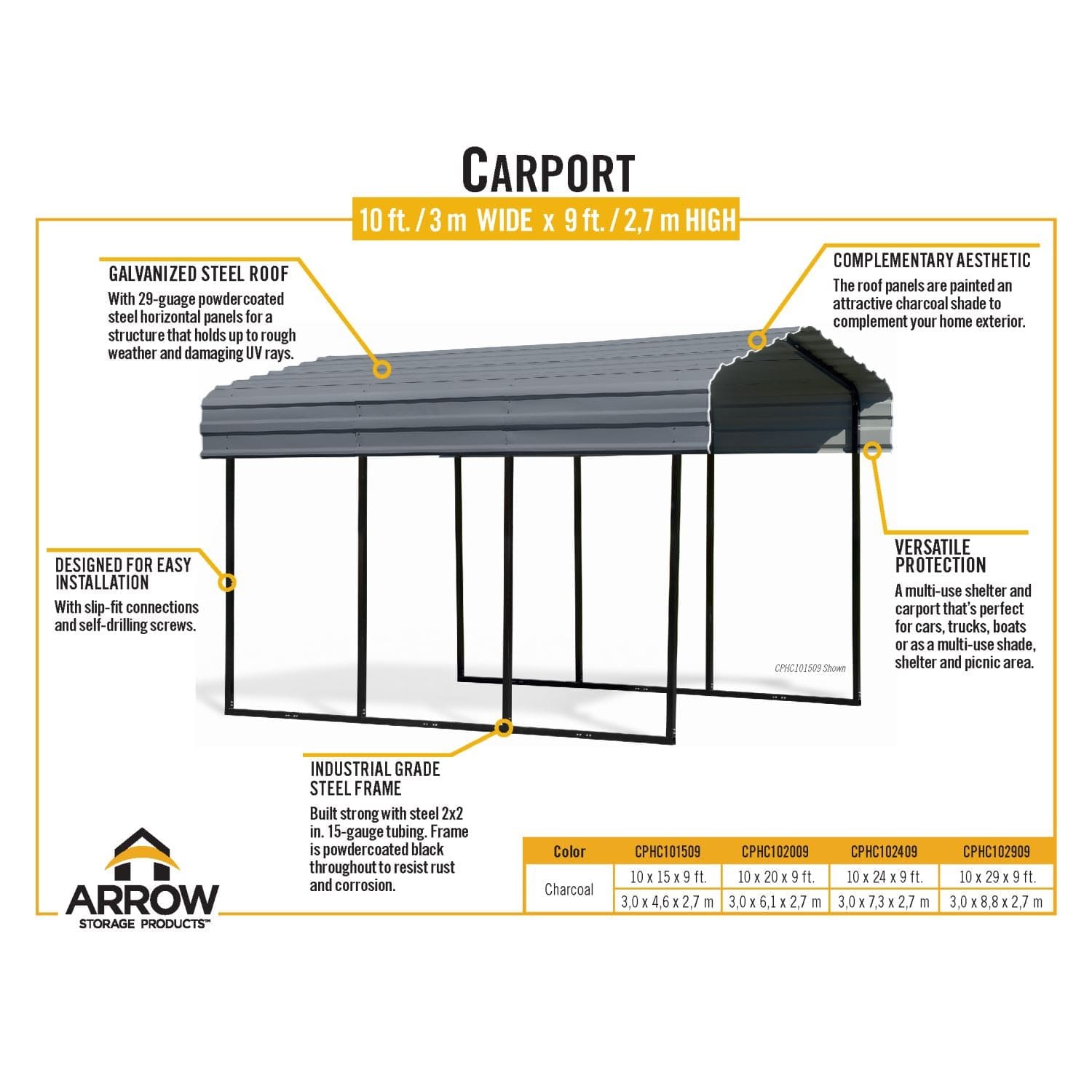 Arrow | Carport 10x24x9 ft Charcoal CPHC102409