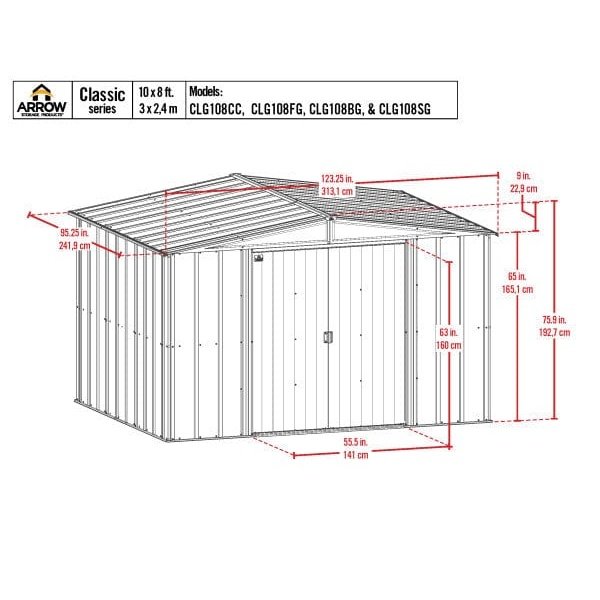 Arrow | Classic Steel Storage Shed, 10x8 ft., Blue Grey CLG108BG