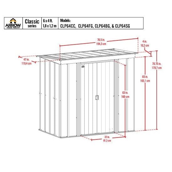 Arrow | Classic Steel Storage Shed, 6x4 ft., Charcoal CLP64CC