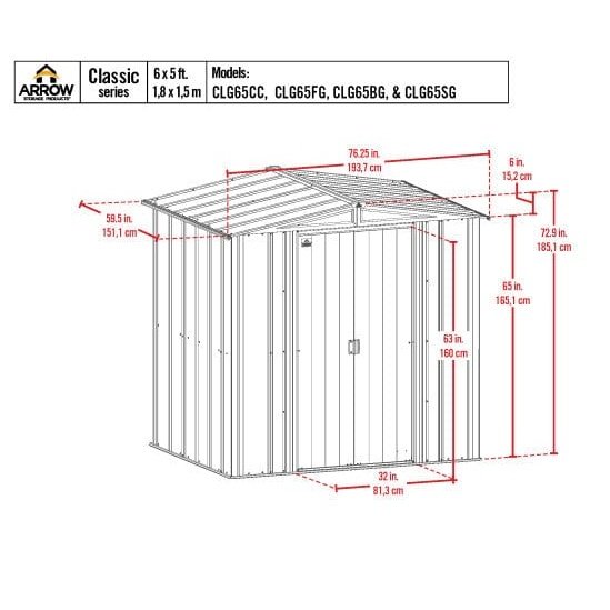 Arrow | Classic Steel Storage Shed, 6x5 ft., Charcoal CLG65CC