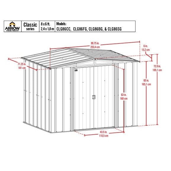 Arrow | Classic Steel Storage Shed, 8x6 ft., Charcoal CLG86CC