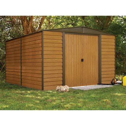 Arrow | Woodridge 10x12 ft. Steel Storage Shed Coffee/Woodgrain WR1012