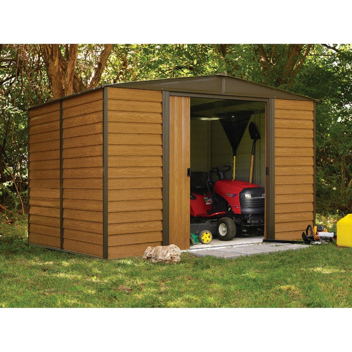 Arrow | Woodridge 10x8 ft. Steel Storage Shed Coffee/Woodgrain WR108