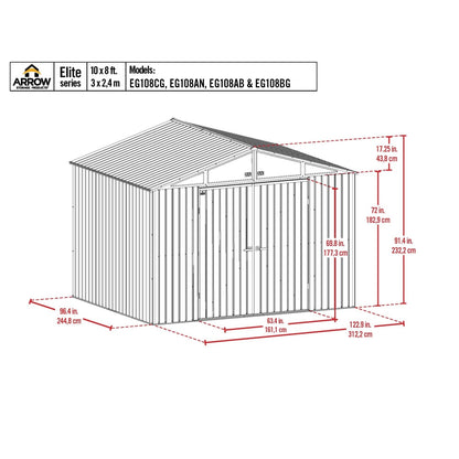 Arrow | Elite Steel Storage Shed, 10x8 ft. Silver EG108AB