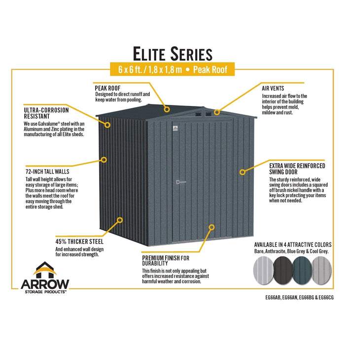 Arrow | Elite Steel Storage Shed, 6x6, ft. Anthracite EG66AN