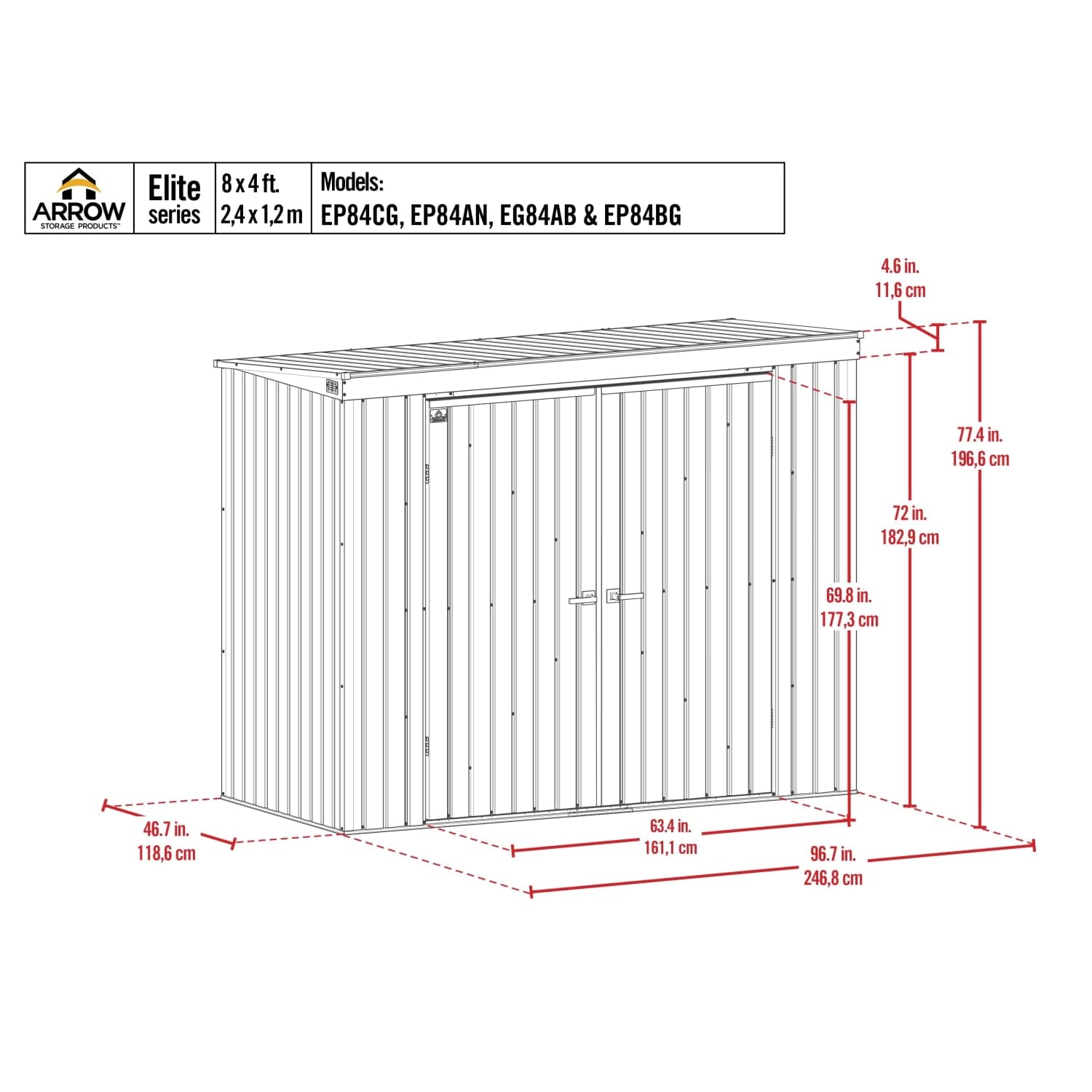 Arrow | Elite Steel Storage Shed, 8x4 ft. Anthracite EP84AN