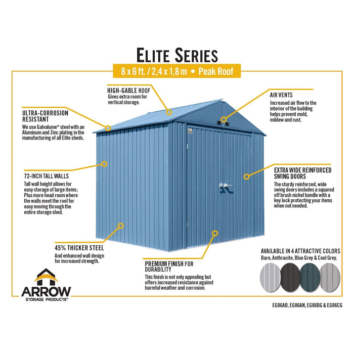 Arrow | Elite Steel Storage Shed, 8x6 ft. Blue Grey EG86BG