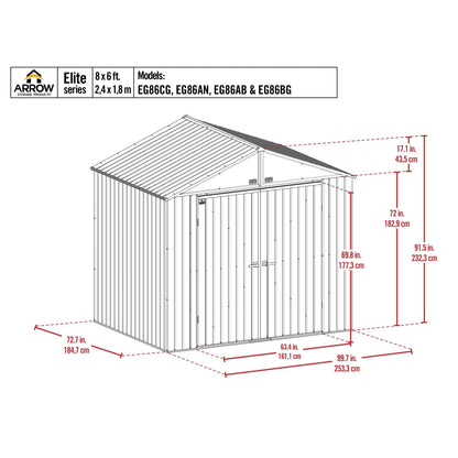 Arrow | Elite Steel Storage Shed, 8x6 ft. Silver EG86AB