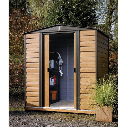 Arrow | Woodridge 6x5 ft. Steel Storage Shed Coffee/Woodgrain WR65