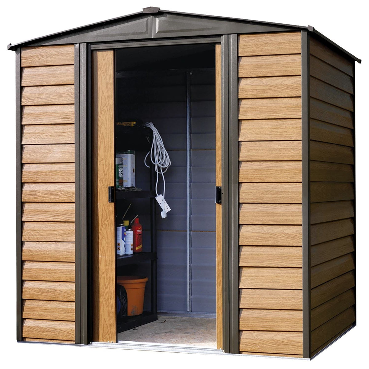 Arrow | Woodridge 6x5 ft. Steel Storage Shed Coffee/Woodgrain WR65