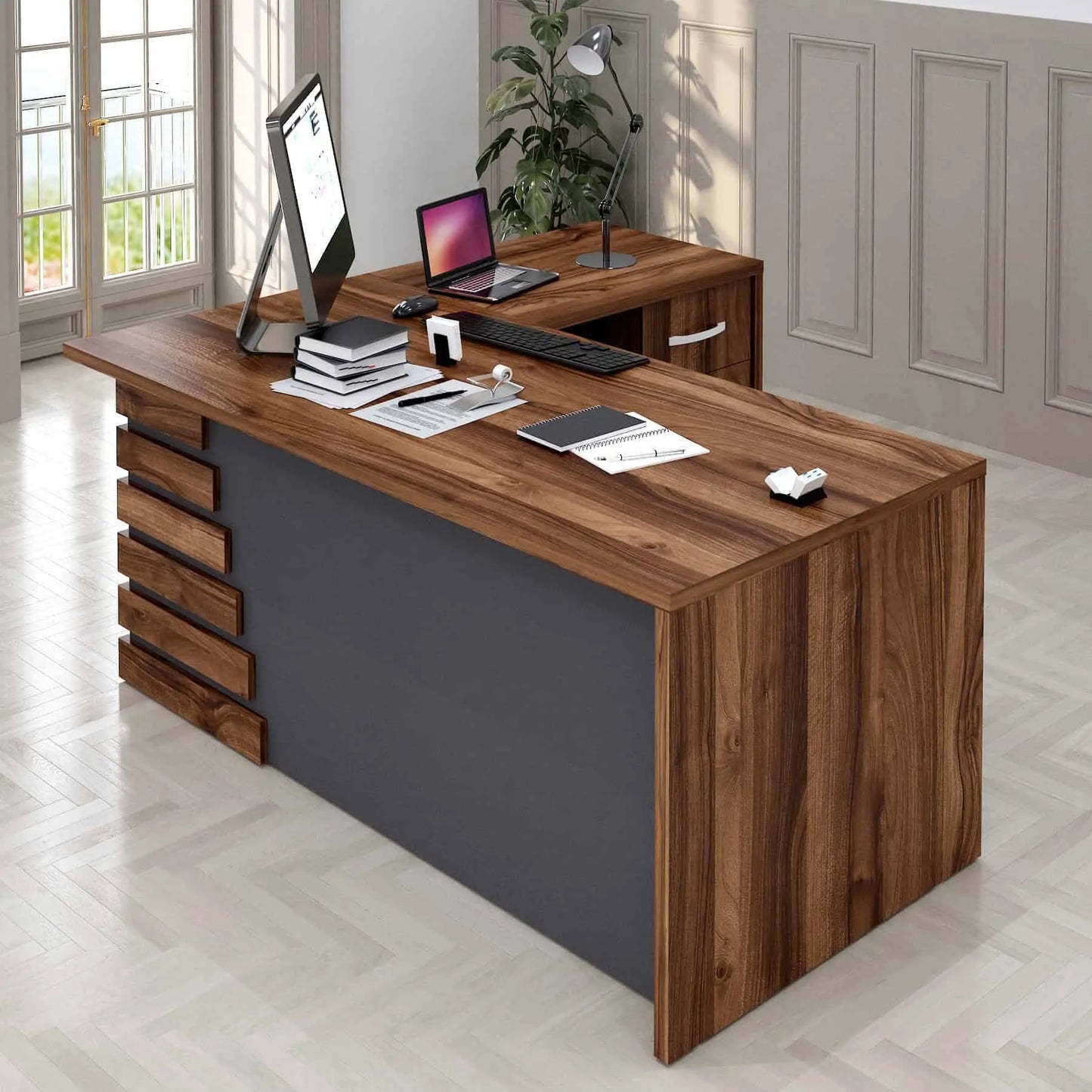 Casa Mare ATLAS 79″ Modern Home & Office Furniture Desk Brown & Black - ATLAS-79LBG-S